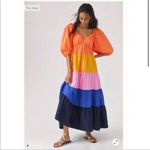 Farm Rio Anthropologie Tiered Colorblocked Maxi Dress NWT